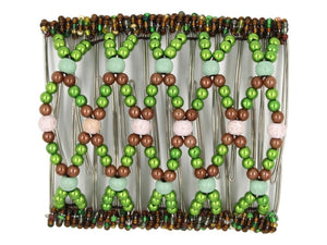 African Butterfly Wire Hair Clip - 11 Tong 553 - sandy brown, toffee pearl, mint green wood and olive green pearl beads, white background