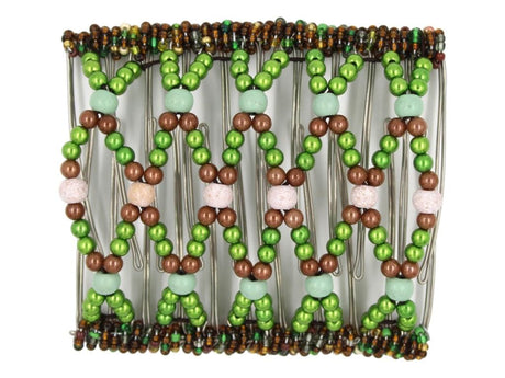 African Butterfly Wire Hair Clip - 11 Tong 553 - sandy brown, toffee pearl, mint green wood and olive green pearl beads, white background