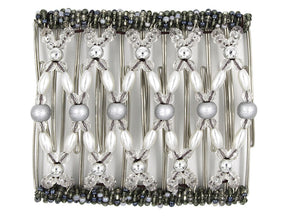 African Butterfly Wire Hair Clip - 11 Tong 554 - silver wood, acrylic, pearl and silver beads with pewter Czech seed bead edges, white background