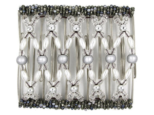 African Butterfly Wire Hair Clip - 11 Tong 554 - silver wood, acrylic, pearl and silver beads with pewter Czech seed bead edges, white background