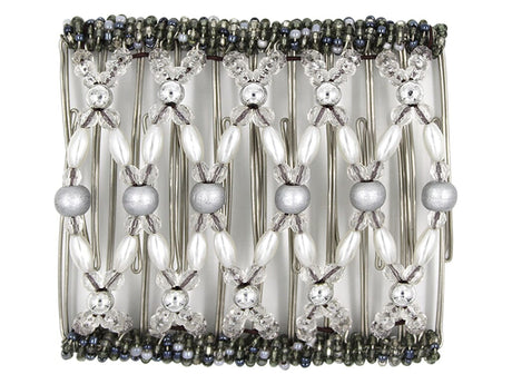 African Butterfly Wire Hair Clip - 11 Tong 554 - silver wood, acrylic, pearl and silver beads with pewter Czech seed bead edges, white background
