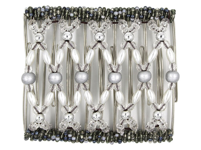 African Butterfly Wire Hair Clip - 11 Tong 554 - silver wood, acrylic, pearl and silver beads with pewter Czech seed bead edges, white background