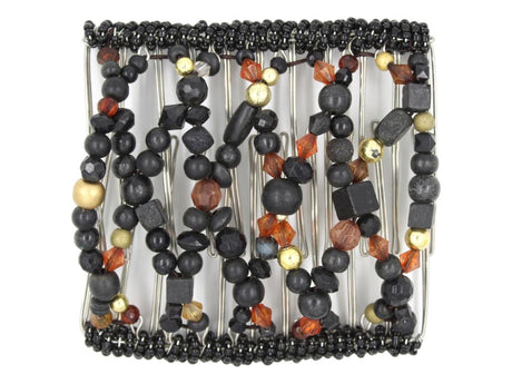 African Butterfly Wire Hair Clip - 11 Tong 555 - black, brown and gold beads in mixed shapes, white background