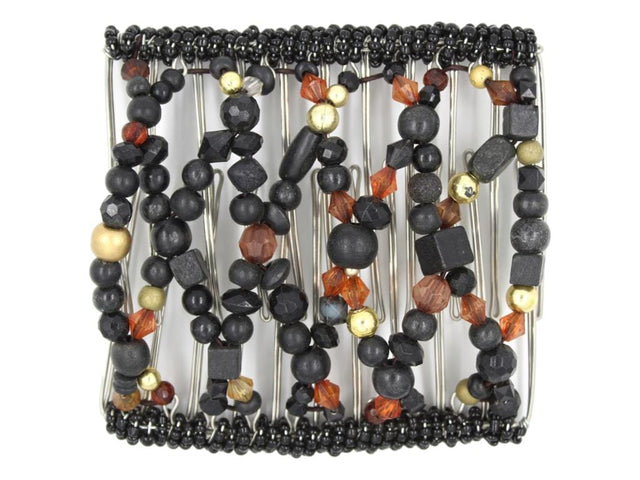 African Butterfly Wire Hair Clip - 11 Tong 555 - black, brown and gold beads in mixed shapes, white background