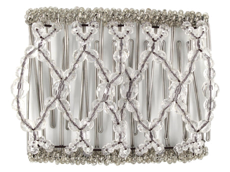 African Butterfly Wire Hair Clip - 11 Tong 558 - clear multi-faceted acrylic beads, clear Czech seed beads along the edges, white background