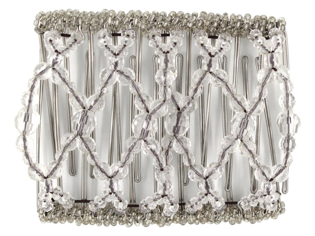 African Butterfly Wire Hair Clip - 11 Tong 558 - clear multi-faceted acrylic beads, clear Czech seed beads along the edges, white background