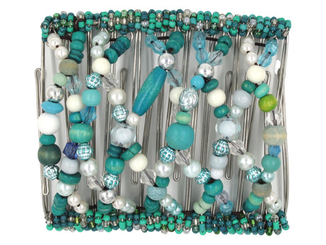 African Butterfly Wire Hair Clip - 11 Tong 559 - turquoise blue, teal and aqua wood beads, clear acrylic beads, white pearls, turquoise and teal Czech seed beads along the edges, white background