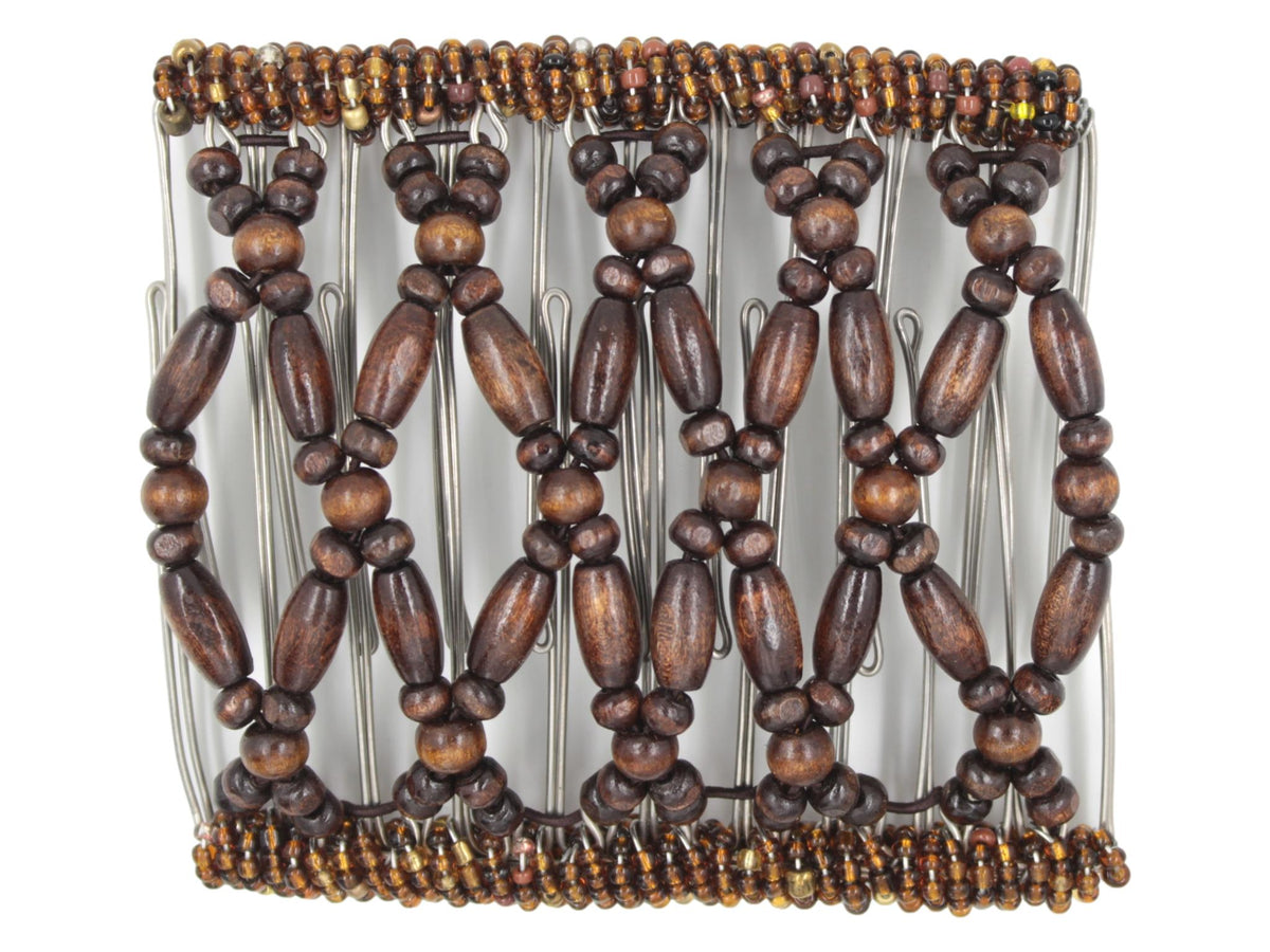 African Butterfly Wire Hair Clip - 11 Tong 560 - dark chocolate brown wood beads, bronze Czech seed beads, white background