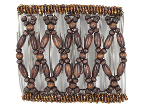 African Butterfly Wire Hair Clip - 11 Tong 560 - dark chocolate brown wood beads, bronze Czech seed beads, white background