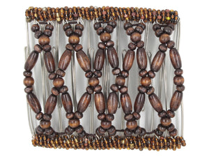 African Butterfly Wire Hair Clip - 11 Tong 560 - dark chocolate brown wood beads, bronze Czech seed beads, white background