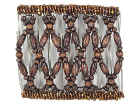 African Butterfly Wire Hair Clip - 11 Tong 560 - dark chocolate brown wood beads, bronze Czech seed beads, white background
