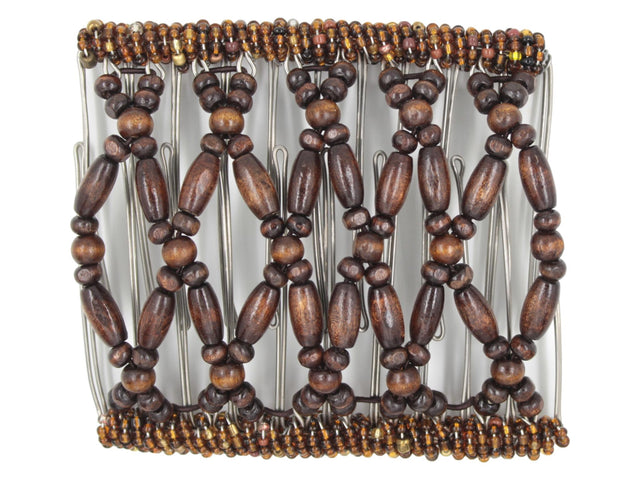 African Butterfly Wire Hair Clip - 11 Tong 560 - dark chocolate brown wood beads, bronze Czech seed beads, white background