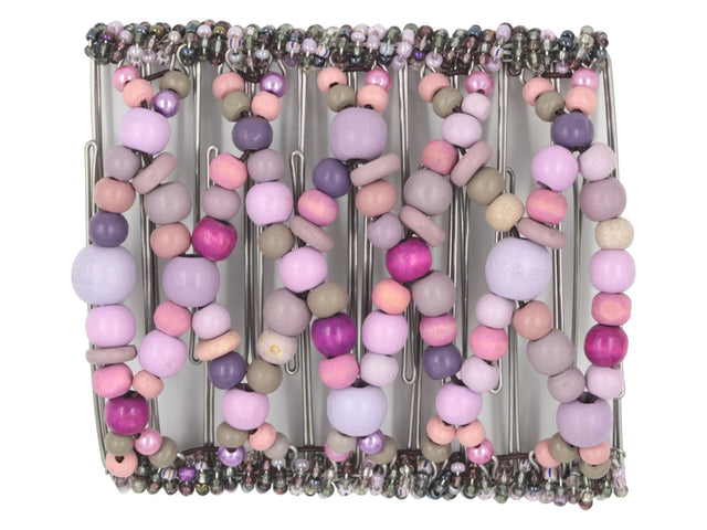 African Butterfly Wire Hair Clip - 11 Tong 561 - amethyst and deep violet center beads, lavender and lilac beads, fuchsia and hot pink accents, Czech seed beads along the edges, white background