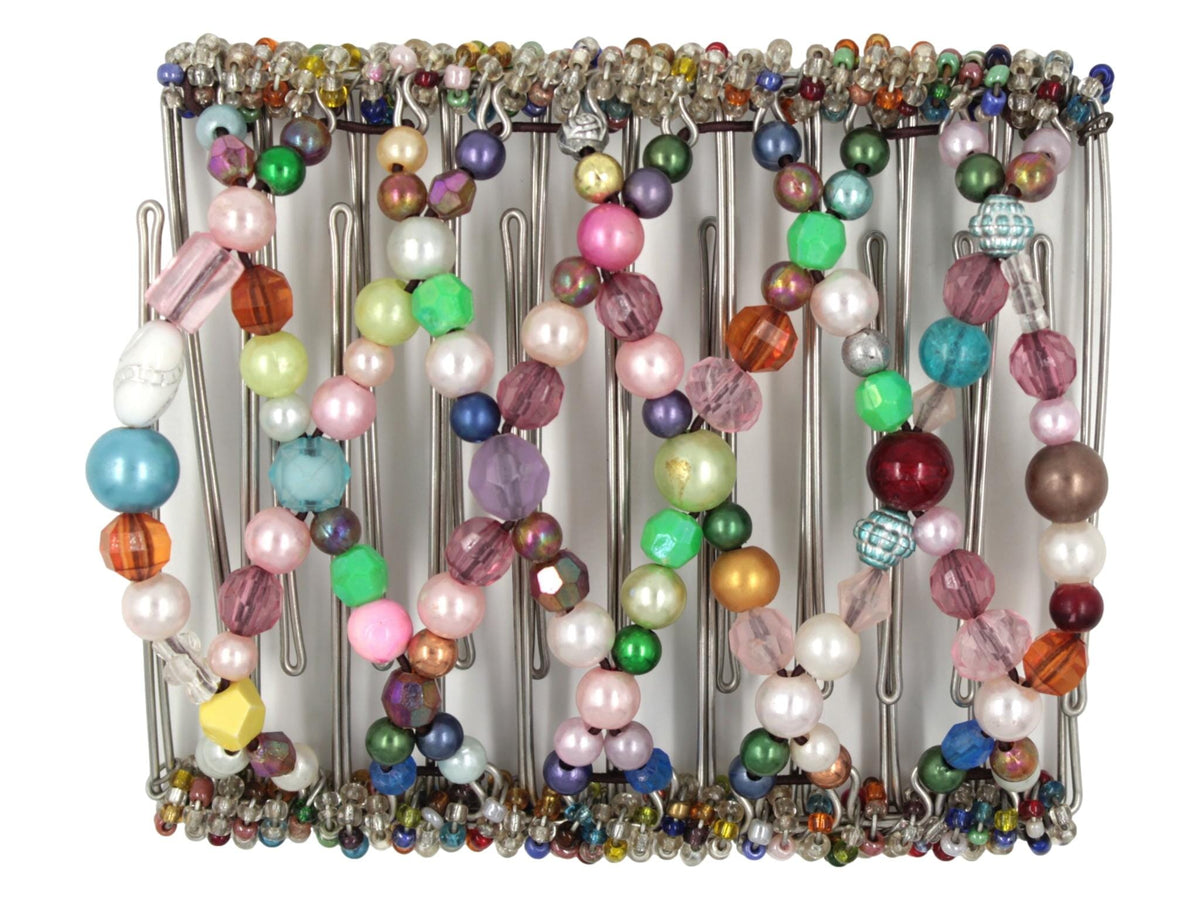 African Butterfly Wire Hair Clip - 11 Tong 562 - colorful mixed beads in a rainbow palette, white background