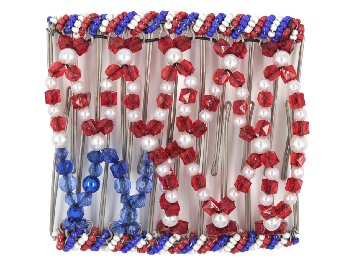 African Butterfly Wire Hair Clip - 11 Tong 564 - red, white and blue flag design with Czech seed bead edges, white background