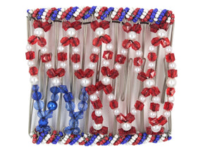 African Butterfly Wire Hair Clip - 11 Tong 564 - red, white and blue flag design with Czech seed bead edges, white background