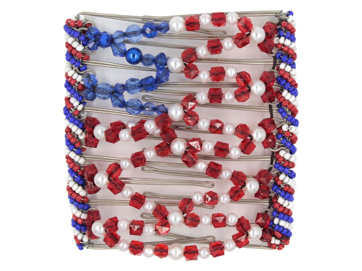 African Butterfly Wire Hair Clip - 11 Tong 564 - red, white and blue flag design with Czech seed bead edges, white background