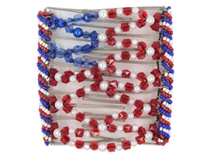 African Butterfly Wire Hair Clip - 11 Tong 564 - red, white and blue flag design with Czech seed bead edges, white background