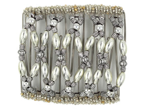 African Butterfly Wire Hair Clip - 11 Tong 565 - silver beads, silver and black accent beads, clear Czech seed bead edges, white background