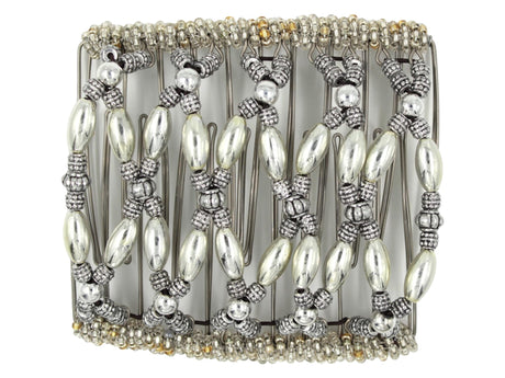 African Butterfly Wire Hair Clip - 11 Tong 565 - silver beads, silver and black accent beads, clear Czech seed bead edges, white background