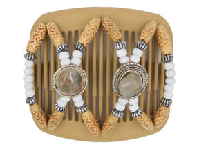 African Butterfly Gemstone Blonde Hair Comb 50 - light brown/gray stones, white wood beads, silver accents, beige boho beads, white background