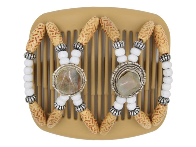 African Butterfly Gemstone Blonde Hair Comb 50 - light brown/gray stones, white wood beads, silver accents, beige boho beads, white background
