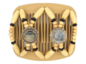 African Butterfly Gemstone Blonde Hair Comb 51 - gray and brown natural stones, beige wood beads, white background