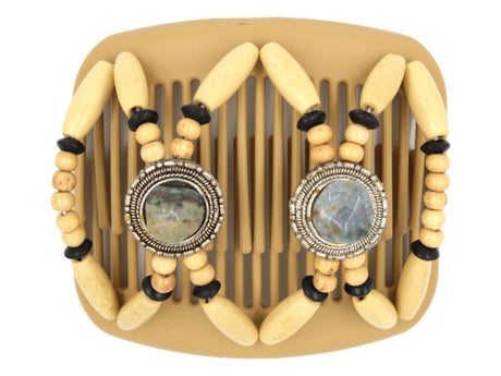 African Butterfly Gemstone Blonde Hair Comb 51 - gray and brown natural stones, beige wood beads, white background