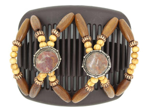 African Butterfly Hair Comb - Gemstone Brown 90 - silver conchos, medium brown tumbled and polished gemstones, beige wood, copper, and honey blonde wood beads on a brown comb base, white background
