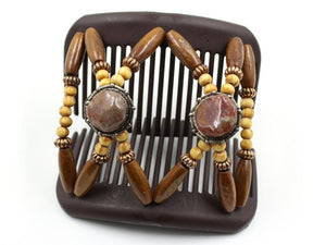 African Butterfly Hair Comb - Gemstone Brown 90 - silver conchos, medium brown tumbled and polished gemstones, beige wood, copper, and honey blonde wood beads on a brown comb base, shown open, white background