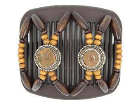 African Butterfly Hair Comb - Gemstone Brown 90 - silver conchos, light brown tumbled and polished gemstones, honey blonde wood, and dark brown wood beads on a brown comb base, white background