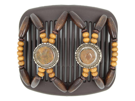 African Butterfly Hair Comb - Gemstone Brown 90 - silver conchos, light brown tumbled and polished gemstones, honey blonde wood, and dark brown wood beads on a brown comb base, white background