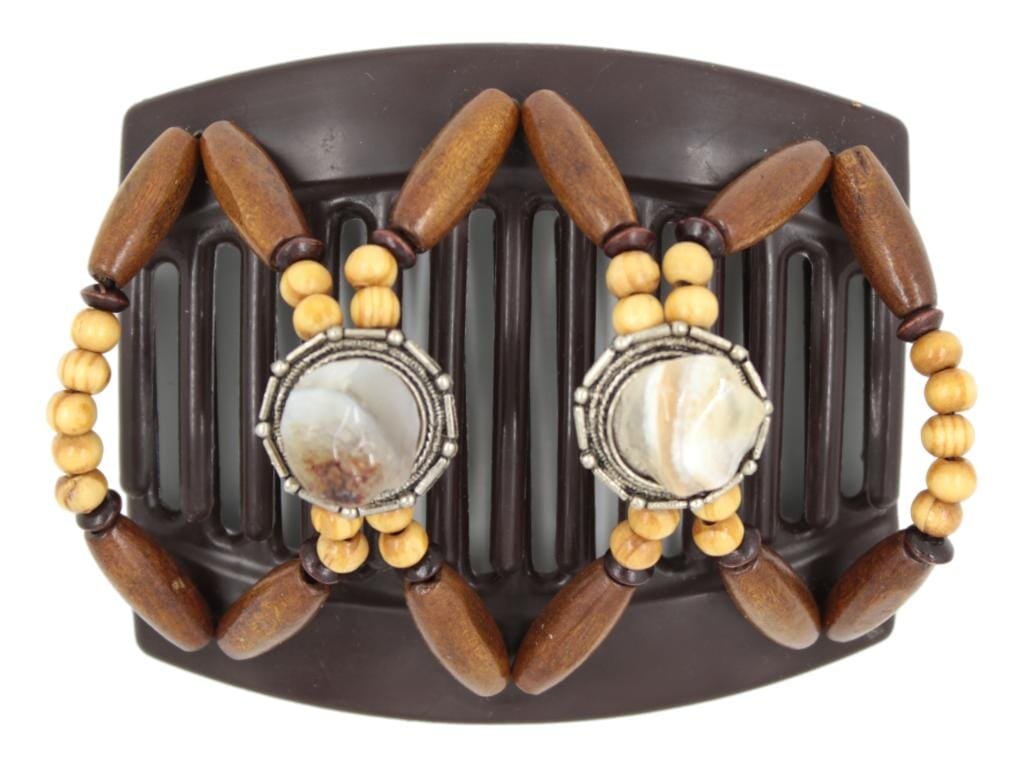 African Butterfly Hair Comb - Gemstone Brown 92 - white and light brown tumbled gemstones on silver conchos, beige wood beads, dark brown wood accent beads, medium brown edge beads, white background