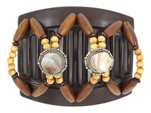 African Butterfly Hair Comb - Gemstone Brown 92 - white and light brown tumbled gemstones on silver conchos, beige wood beads, dark brown wood accent beads, medium brown edge beads, white background