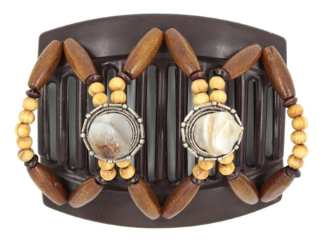 African Butterfly Hair Comb - Gemstone Brown 92 - white and light brown tumbled gemstones on silver conchos, beige wood beads, dark brown wood accent beads, medium brown edge beads, white background