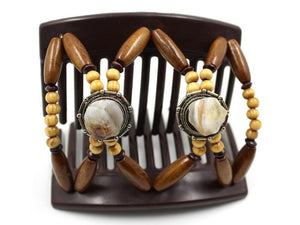 African Butterfly Hair Comb - Gemstone Brown 92 - white and light brown tumbled gemstones on silver conchos, beige wood beads, dark brown wood accent beads, medium brown edge beads, shown open, white background