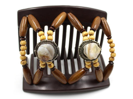 African Butterfly Hair Comb - Gemstone Brown 92 - white and light brown tumbled gemstones on silver conchos, beige wood beads, dark brown wood accent beads, medium brown edge beads, shown open, white background