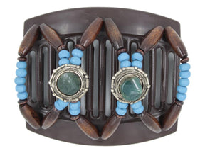 African Butterfly Hair Comb - Gemstone Brown 93 - bright cornflower blue wood beads, hunter green stones, round silver conchos, dark brown edge beads, white background