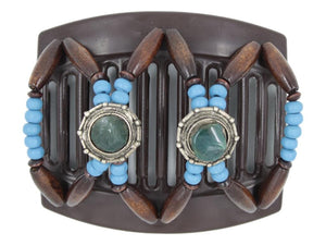 African Butterfly Hair Comb - Gemstone Brown 93 - bright cornflower blue wood beads, hunter green stones, round silver conchos, dark brown edge beads, white background