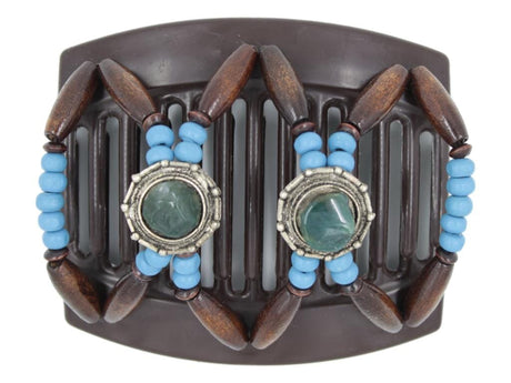 African Butterfly Hair Comb - Gemstone Brown 93 - bright cornflower blue wood beads, hunter green stones, round silver conchos, dark brown edge beads, white background