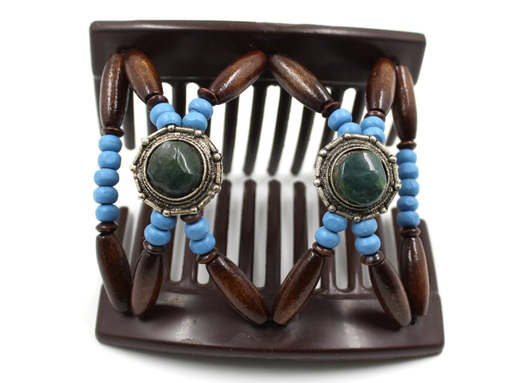 African Butterfly Hair Comb - Gemstone Brown 93 - bright cornflower blue wood beads, hunter green stones, round silver conchos, dark brown edge beads, shown open, white background