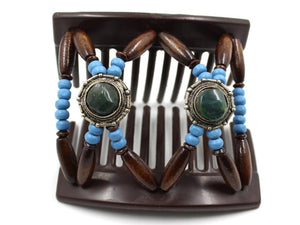 African Butterfly Hair Comb - Gemstone Brown 93 - bright cornflower blue wood beads, hunter green stones, round silver conchos, dark brown edge beads, shown open, white background