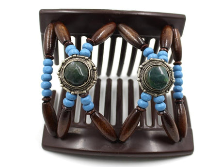 African Butterfly Hair Comb - Gemstone Brown 93 - bright cornflower blue wood beads, hunter green stones, round silver conchos, dark brown edge beads, shown open, white background