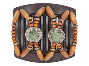 African Butterfly Hair Comb - Gemstone Brown 94 - olive green gems on silver conchos, honey brown wood beads, copper accent beads, brown sugar edge beads, white background