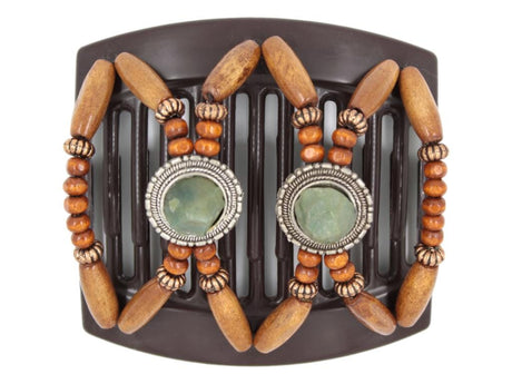 African Butterfly Hair Comb - Gemstone Brown 94 - olive green gems on silver conchos, honey brown wood beads, copper accent beads, brown sugar edge beads, white background