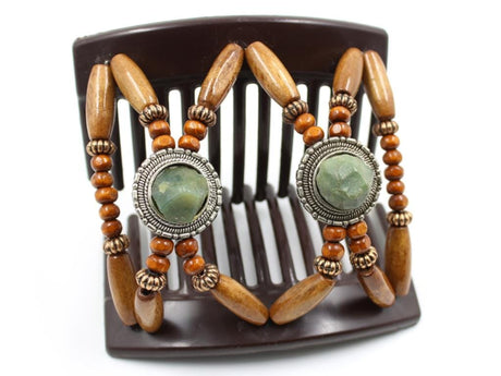 African Butterfly Hair Comb - Gemstone Brown 94 - olive green gems on silver conchos, honey brown wood beads, copper accent beads, brown sugar edge beads, shown open, white background