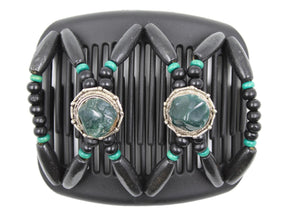 African Butterfly Hair Comb - Gemstone Black 87 - emerald green gemstones on silver conchos, black wood beads, teal accent wood beads, white background