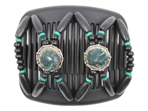 African Butterfly Hair Comb - Gemstone Black 87 - emerald green gemstones on silver conchos, black wood beads, teal accent wood beads, white background
