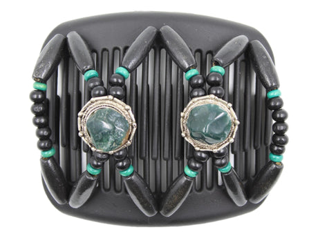 African Butterfly Hair Comb - Gemstone Black 87 - emerald green gemstones on silver conchos, black wood beads, teal accent wood beads, white background