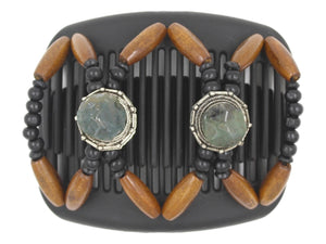 African Butterfly Hair Comb - Gemstone Black 88 - emerald green gemstones on silver conchos, black wood beads, medium brown wood beads, white background